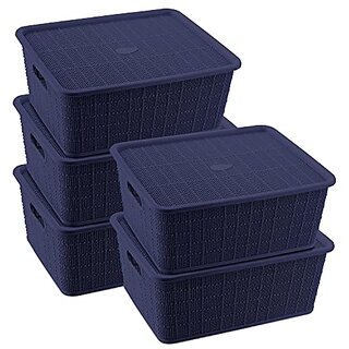                       Selvel Storage Basket/Box with lid for Kitchen  Vegetables  Toys  Books  Office  Utility  Cosmetics  Accessories  Closet  Wardrobe  Set of 5 (Dark Blue)                                              