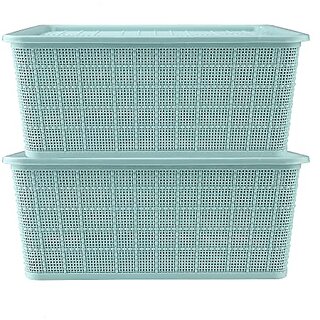                       SELVEL Giving shape to life! Multipurpose Polypropylene Storage Baskets with Lid for Kitchen, Set of 2, Green, Small                                              