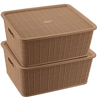                       SELVEL Giving shape to life Multipurpose Storage Baskets Set of 2 with Lid for Kitchen, Vegetables, Toys, Books, Office, Stationery, Utility, Cosmetics, Accessories, Wardrobe (Bucket Brown)                                              
