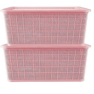                       SELVEL Giving shape to life! Multipurpose Storage Baskets Set of 2 with Lid for Kitchen, Vegetables, Toys, Books, Office, Stationery, Utility, Cosmetics, Accessories, Wardrobe ( Small, Pink, Polypropylene)                                              