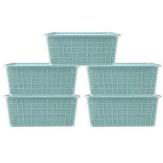                       SELVEL Giving shape to life Multipurpose Storage Baskets Set of 5 with Lid for Kitchen, Vegetables, Toys, Books, Office, Stationery, Utility, Cosmetics, Accessories, Wardrobe (9.5 x 24 x 9.5 cm,Green)                                              