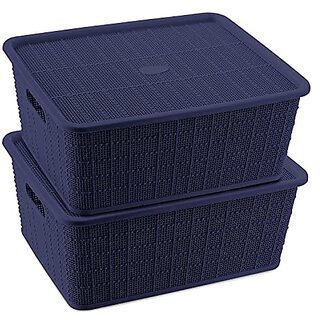                       SELVEL Giving shape to life Multipurpose Storage Baskets Set of 2 with Lid for Kitchen, Vegetables, Toys, Books, Office, Stationery, Utility, Cosmetics, (Dark Blue)                                              