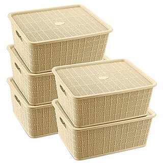                       Selvel Storage Basket/Box with lid for Kitchen | Vegetables | Toys | Books | Office | Utility | Cosmetics | Accessories | Closet | Wardrobe | Set of 5 (Beige)                                              