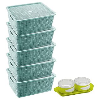                       Selvel Storage Basket Combo with Lid, Storage Basket Set of 5 and Airtight Storage Containers with Lockable Lids Combo, Polypropylene( Green, Green)                                              