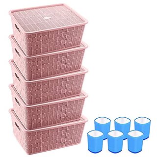                       Selvel Storage Basket Combo with Lid, Storage Basket Set of 5 and Glass Set of 6 Combo, Polypropylene(Pink, Blue)                                              