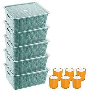                       Selvel Storage Basket Combo with Lid, Storage Basket Set of 5 and Glass Set of 6 Combo, Polypropylene( Green, Orange)                                              