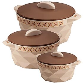 SELVEL Giving shape to life Diamond Pattern Inner Steel Casserole Set of 3  Insulated Stainless Steel Inner Body Casserole Set for Meal chapati Curry roti - 1800 ml, 1180 ml and 650 ml - Brown