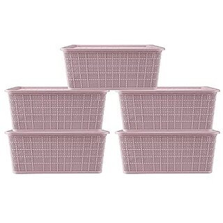                       SELVEL Giving shape to life Multipurpose Storage Baskets Set of 5 with Lid for Kitchen, Vegetables, Toys, Books, Office, Stationery, Utility, Cosmetics, Accessories, Wardrobe (31 x 24 x 14 cm, Purple)                                              