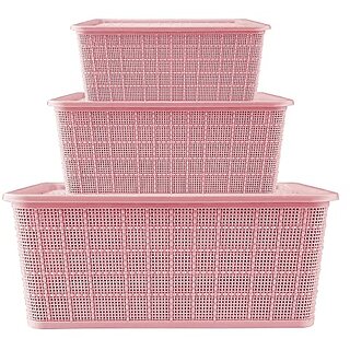                       SELVEL Giving shape to life! Giving shape to life Multipurpose Storage Baskets Set of 3 with Lid for Kitchen, Vegetables, Toys, Books, Office, Stationery, Utility (Pink, Polypropylene)                                              