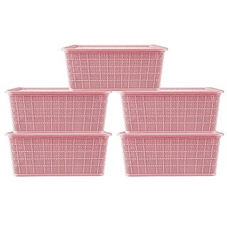                       SELVEL Giving shape to life Multipurpose Storage Baskets Set of 5 with Lid for Kitchen, Vegetables, Toys, Books, Office, Stationery, Utility, Cosmetics, Accessories, Wardrobe (18.5 x 22 x 11 cm, Pink)                                              