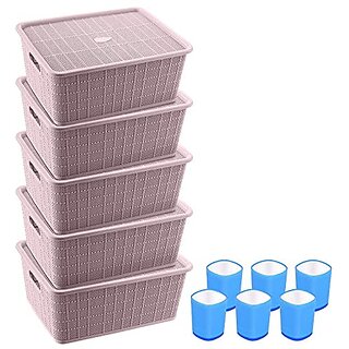                       Selvel Storage Basket Combo with Lid, Storage Basket Set of 5 and Glass Set of 6 Combo, Polypropylene (Maroon, Blue)                                              