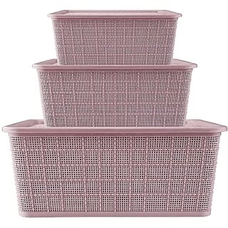                       SELVEL Giving shape to life! Multipurpose Storage Baskets Set of 3 with Lid for Kitchen, Vegetables, Toys, Books, Office, Stationery, Utility, Cosmetics, Accessories, Wardrobe (Purple, Polypropylene)                                              