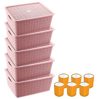                       Selvel Storage Basket Combo with Lid, Storage Basket Set of 5 and Glass Set of 6 Combo, Polypropylene(Pink, Orange)                                              