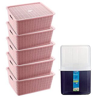                       Selvel Storage Basket Combo with Lid, Storage Basket Set of 5 and Cutlery Holder/Stand Combo, Polypropylene( Pink, Dark blue)                                              