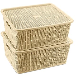                       SELVEL Giving shape to life Multipurpose Storage Baskets Set of 2 with Lid for Kitchen, Vegetables, Toys, Books, Office, Stationery, Utility, Cosmetics, Accessories, Wardrobe (Beige)                                              
