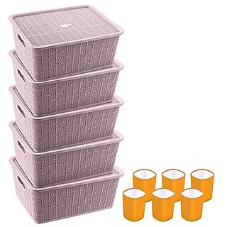                       Selvel Storage Basket Combo with Lid, Storage Basket Set of 5 and Glass Set of 6 Combo, Polypropylene (Maroon, Orange)                                              