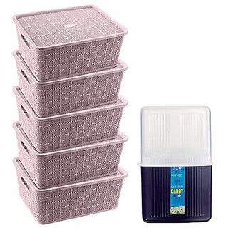                       Selvel Storage Basket Combo with Lid, Storage Basket Set of 5 and Cutlery Holder/Stand Combo, Polypropylene ( Maroon, Dark Blue)                                              