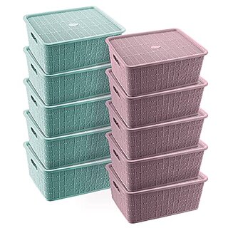                       Selvel Storage Basket Combo with Lid,5 Large Basket Green and 5 Large Basket Purple Combo Set of 10, Polypropylene                                              