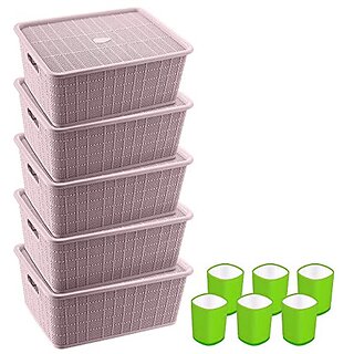                       Selvel Storage Basket Combo with Lid, Storage Basket Set of 5 and Glass Set of 6 Combo, Polypropylene (Maroon, Green)                                              