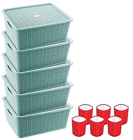 Selvel Storage Basket Combo with Lid, Storage Basket Set of 5 and Glass Set of 6 Combo, Polypropylene( Green, Red)