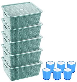 Selvel Storage Basket Combo with Lid, Storage Basket Set of 5 and Glass Set of 6 Combo, Polypropylene( Green, Blue)