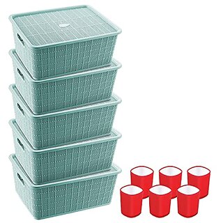                       Selvel Storage Basket Combo with Lid, Storage Basket Set of 5 and Glass Set of 6 Combo, Polypropylene( Green, Red)                                              