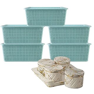                       Selvel Storage Basket Combo with Lid,5 Large Basket Green and 4 Pic Unbreakable  Air tight Dry Fruit Container Tray Set with Lid White, Polypropylene                                              