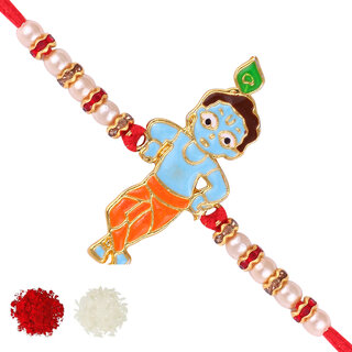                       Bal Krishana Cartoon rakhi for sweet kids with beads, pearls [VFJ1148RKG ]                                              