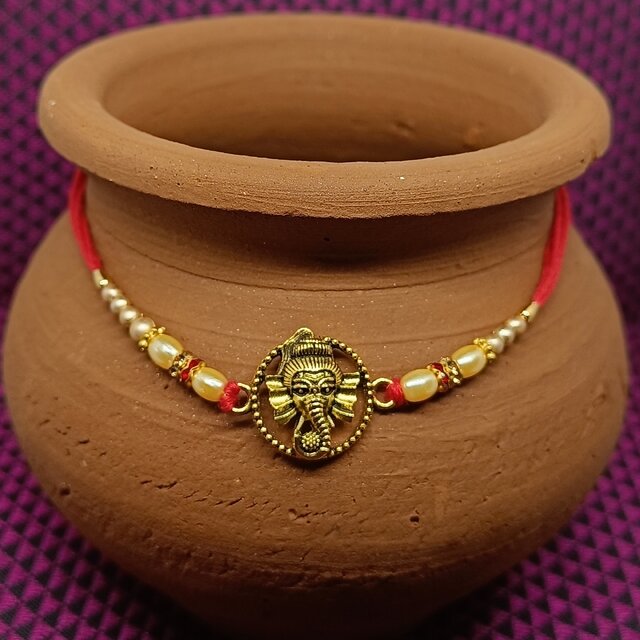 Vighnaharta Lord Ganesh Gold Plated Alloy Rakhi For Brother - 14 Inch Dori With Fancy Design [VFJ1143RKG] 11 thumbnail image