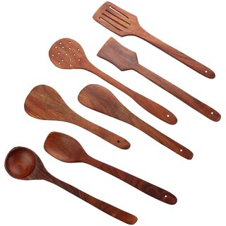                       Handmade Non-Stick Serving and Cooking Spoon Wooden Kitchen Tools Utensil, Set of 7, Heavy, Loose Packing                                              