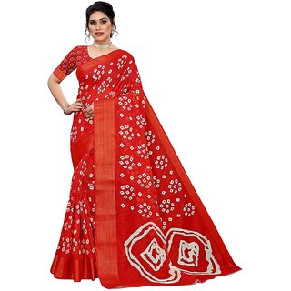                       SVB Saree Red Colour Linen Bandhani Printed Saree                                              
