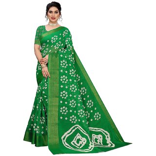                      SVB Saree Green  Colour Linen Bandhani Printed Saree                                              