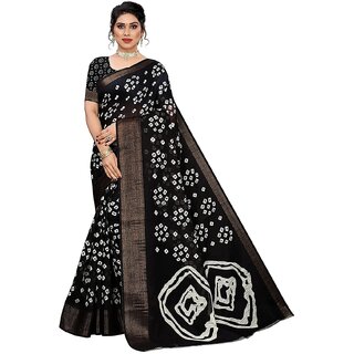                       SVB Saree Black  Colour Linen Bandhani Printed Saree                                              