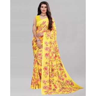                       SVB Saree Yellow Colour Floral Printed Georgette Saree                                              