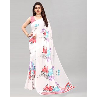                       SVB Saree White And Red Colour Georgette Printed Saree                                              