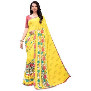                       SVB Saree Yellow Colour Floral Printed Georgette Saree                                              