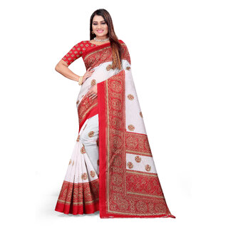                       SVB Saree White  & Red Art Silk Printed Saree                                              