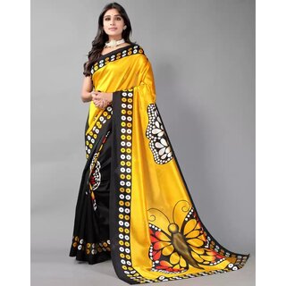                       SVB Saree Yellow And Black Colour Art Silk Printed Saree                                              