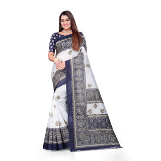                       SVB Saree White  & Blue Art Silk Printed Saree                                              