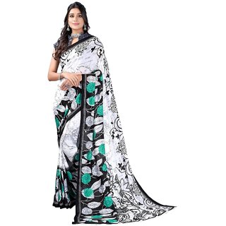                       SVB Saree White And Green Colour Georgette Printed Saree                                              