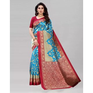                       SVB Saree Light Blue And Red Art Silk Printed Saree                                              