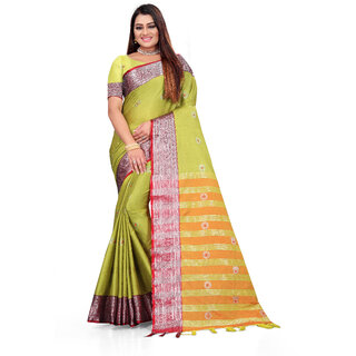                       SVB Saree Lime Yellow Colour Cotton Embellished Saree                                              