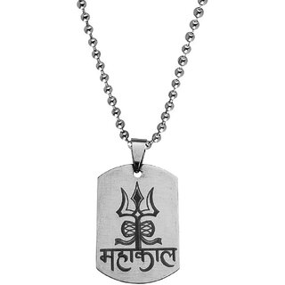                       M Men Style  Religious Lord Shiv Trishul Damaru Mahakal  Silver  Stainless Steel Pendant  Chain                                              