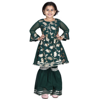                       Kid Kupboard Regular-Fit Girls Traditional Wear Kurti and Plazzo Set Full-Sleeves Pure Cotton Dark Green Pack of 1                                              