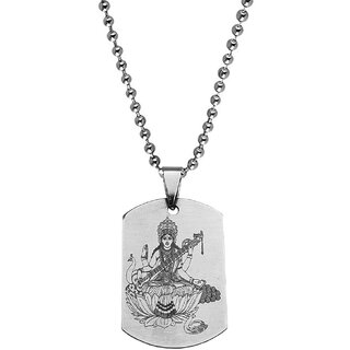                       M Men Style  Religious Godess Saraswati  Black And Silver  Stainless Steel Pendant Necklace Chain                                              