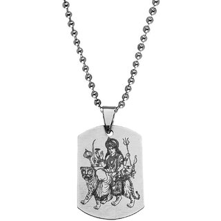                       M Men Style Religious Godess Maa Sherawali Durga Black Silver Stainless Steel Pendant Necklace Chain                                              