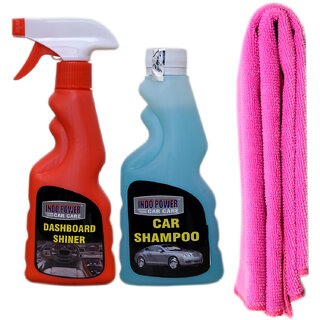                       Indo Power Dashboard Shiner Spray 250Ml.+ Car Shampoo 250Ml.+ 1Pc Car Microfiber Cloth  Pink.                                              