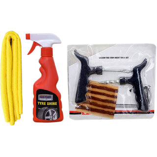                       Indo Power Tyre  Shiner Spray 250Ml+ 1Pc Car Microfiber Cloth Yellow+ Tubelass Smart Panchar Kit.                                              