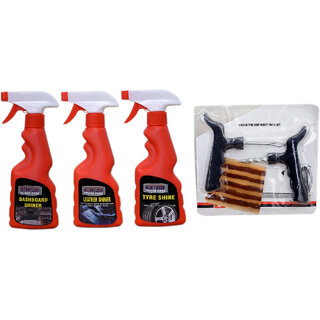                       Indo Power Leather Shiner Spray 250Ml+Dashboard Shiner Spray 250Ml+Tyre  Shiner Spray 250Ml+ Tubelass Smart Panchar Kit.                                              