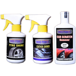 Indo Power Tyre Shiner Gun 250Ml.+Leather Shiner Gun 250Ml.+Car Scratch Remover 200Gm. Indo Power Tyre Shiner Gun 250Ml.+Leather Shiner Gun 250Ml.+Car Scratch Remover 200Gm.